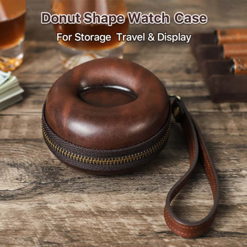 VCD-E premium handcrafted retro fashion donut shape 1-slot cowhide leather watch travel case is portable, perfect storage for small spaces.