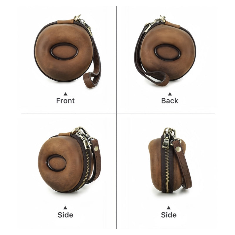 VCD-E premium handcrafted retro fashion donut shape coffee color 1-slot cowhide leather watch travel case closed state from all angles display, smooth appearance, fluid lines, natural, and elegant.