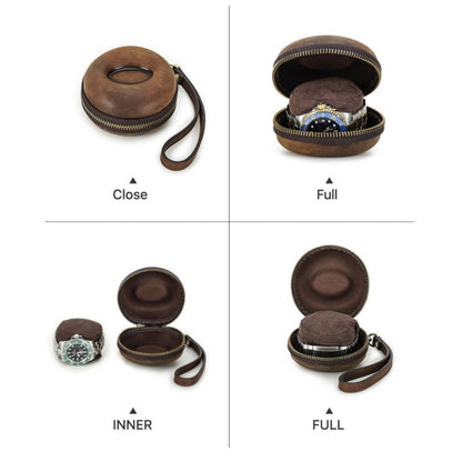 VCD-E premium handcrafted retro fashion donut shape coffee color 1-slot cowhide leather watch travel case expended state display, teeth zipper closure, ensures smooth, secure access to your watch.