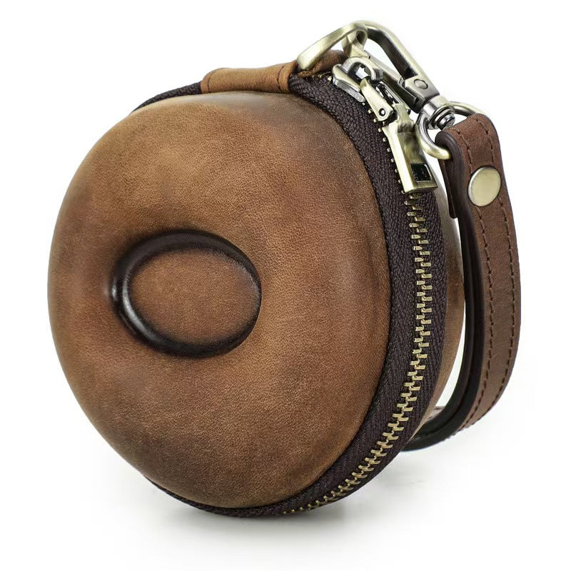 VCD-E premium handcrafted retro fashion donut shape coffee color 1-slot cowhide leather watch travel case.