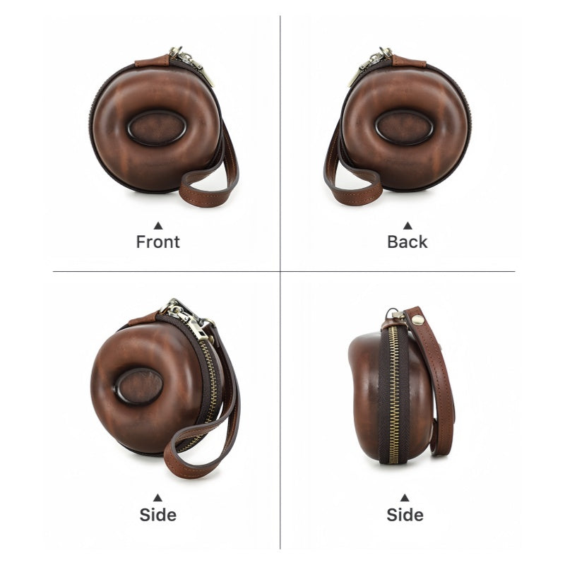 VCD-E premium handcrafted retro fashion donut shape reddish brown 1-slot cowhide leather watch travel case closed state from all angles display, smooth appearance, fluid lines, natural, and elegant.