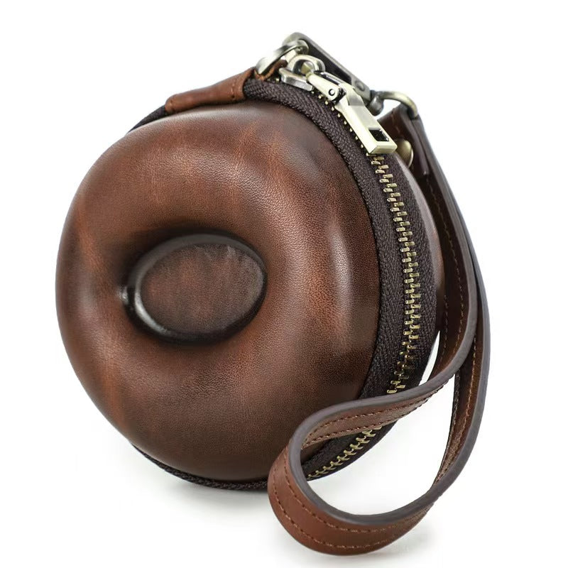 VCD-E premium handcrafted retro fashion donut shape reddish brown color 1-slot cowhide leather watch travel case.