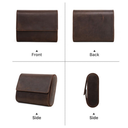 VCD-E premium handcrafted retro fashion double-opening flip-top 6-slot cowhide leather watch case closed state from all angles display, the overall texture is elegant and delicate, with smooth and natural lines.