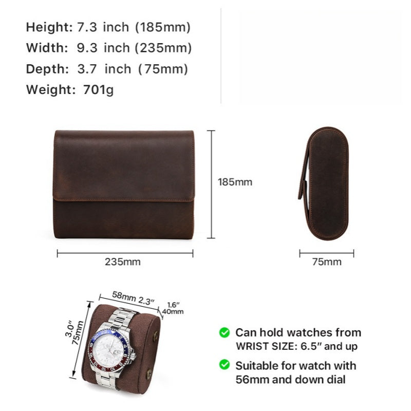 VCD-E premium handcrafted retro fashion double-opening flip-top 6-slot cowhide leather watch case dimensions: 9.3*7.3*3 inches.