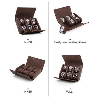 VCD-E premium handcrafted retro fashion double-opening flip-top 6-slot cowhide leather watch case expended state display, perfectly storage 6 watches, interior scratch resistant fabric protect the delicate watch glass and metal finishes of your watches.