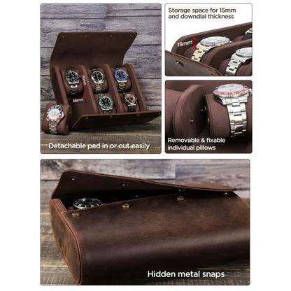 VCD-E premium handcrafted retro fashion double-opening flip-top 6-slot cowhide leather watch case highlights: removable pillow slides is easy to assemble and disassemble, hidden metal snap buttons.