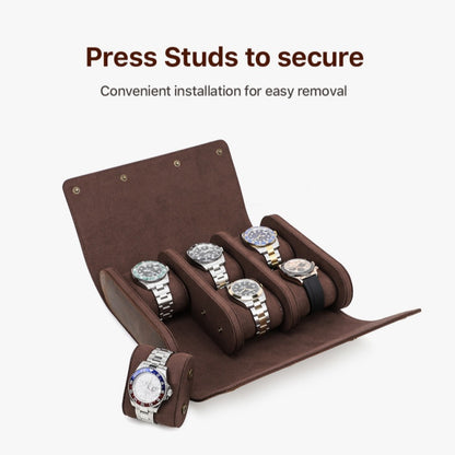 VCD-E premium handcrafted retro fashion double-opening flip-top 6-slot cowhide leather watch case with removable pillow slides design, press studs to secure, convenient installation for easy removal.