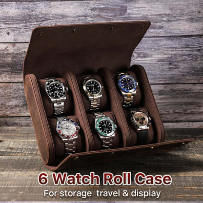 VCD-E premium handcrafted retro fashion double-opening flip-top 6-slot cowhide leather watch case is perfectly storage for small spaces like drawers or suitcases without compromising on style.