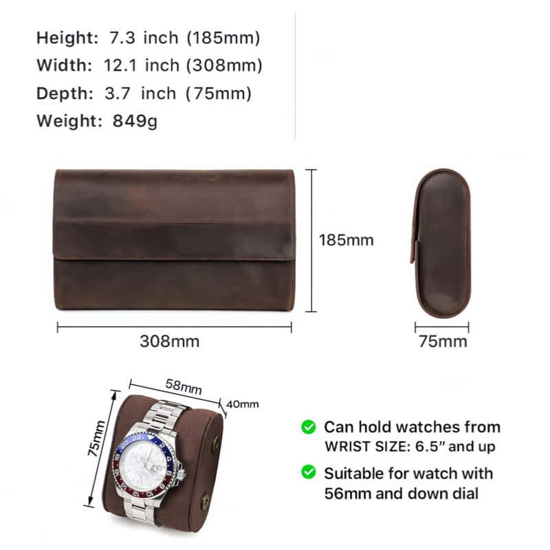 VCD-E premium handcrafted retro fashion double-opening flip-top 8-slot cowhide leather watch case dimensions: 12.2*7.3*3 inches.