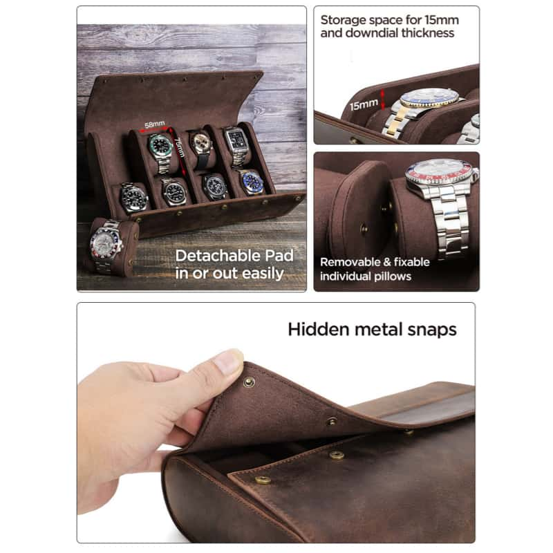 VCD-E premium handcrafted retro fashion double-opening flip-top 8-slot cowhide leather watch case highlights: detachable pad in or out easily, hidden snap buttons closure.