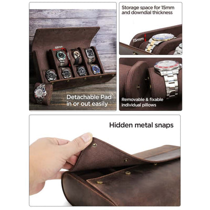 VCD-E premium handcrafted retro fashion double-opening flip-top 8-slot cowhide leather watch case highlights: detachable pad in or out easily, hidden snap buttons closure.