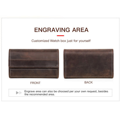 VCD-E premium handcrafted retro fashion double-opening flip-top 8-slot cowhide leather watch case laser engraving area: both sides of the exterior are engravable.