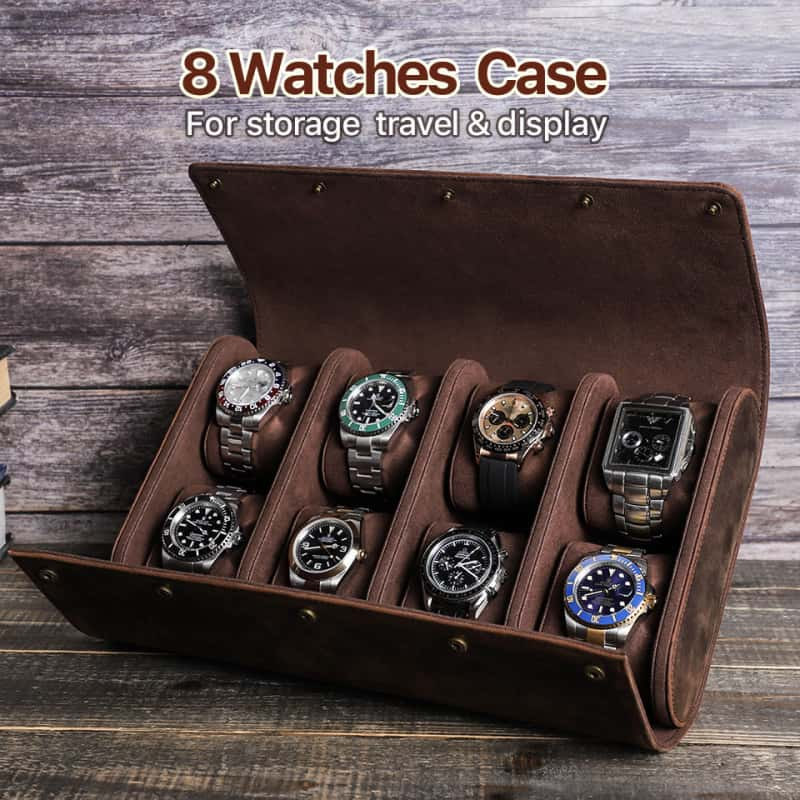 VCD-E premium handcrafted retro fashion 8-slot cowhide leather watch case with double-opening flip-top design.