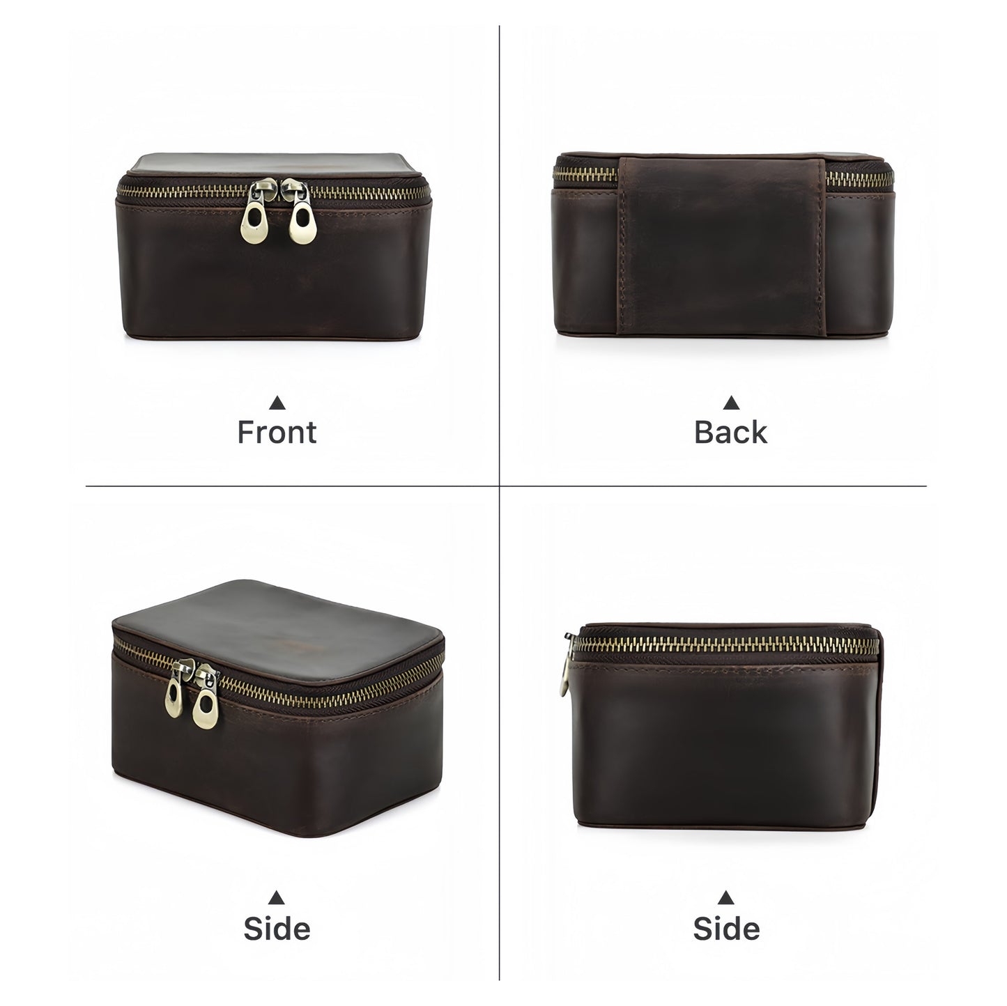 VCD-E premium handcrafted retro fashion dual teeth zipper cowhide leather 1-slot watch travel case closed state from all angles diaplay, the corners are rounded, and the overall lines are delicate and smooth.