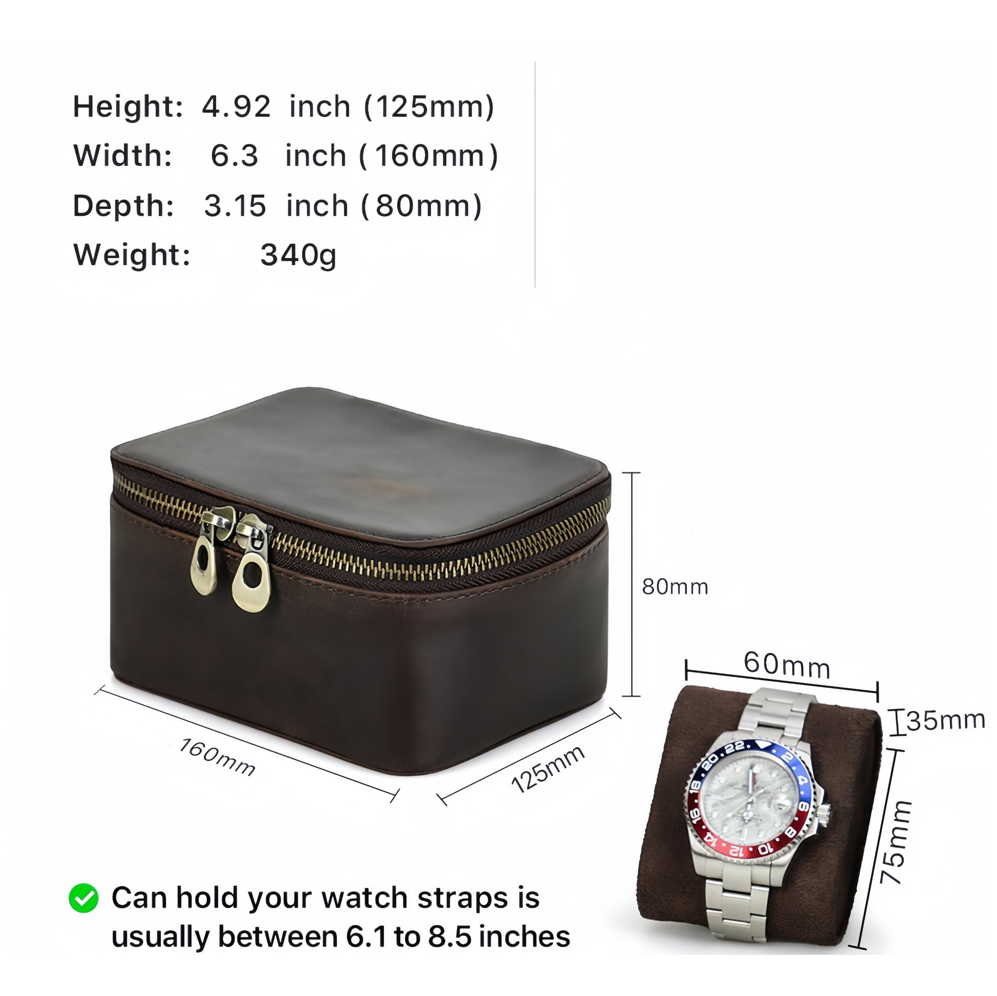 VCD-E premium handcrafted retro fashion dual teeth zipper cowhide leather 1-slot watch travel case dimensions: 6.3*5*3.2 inches.