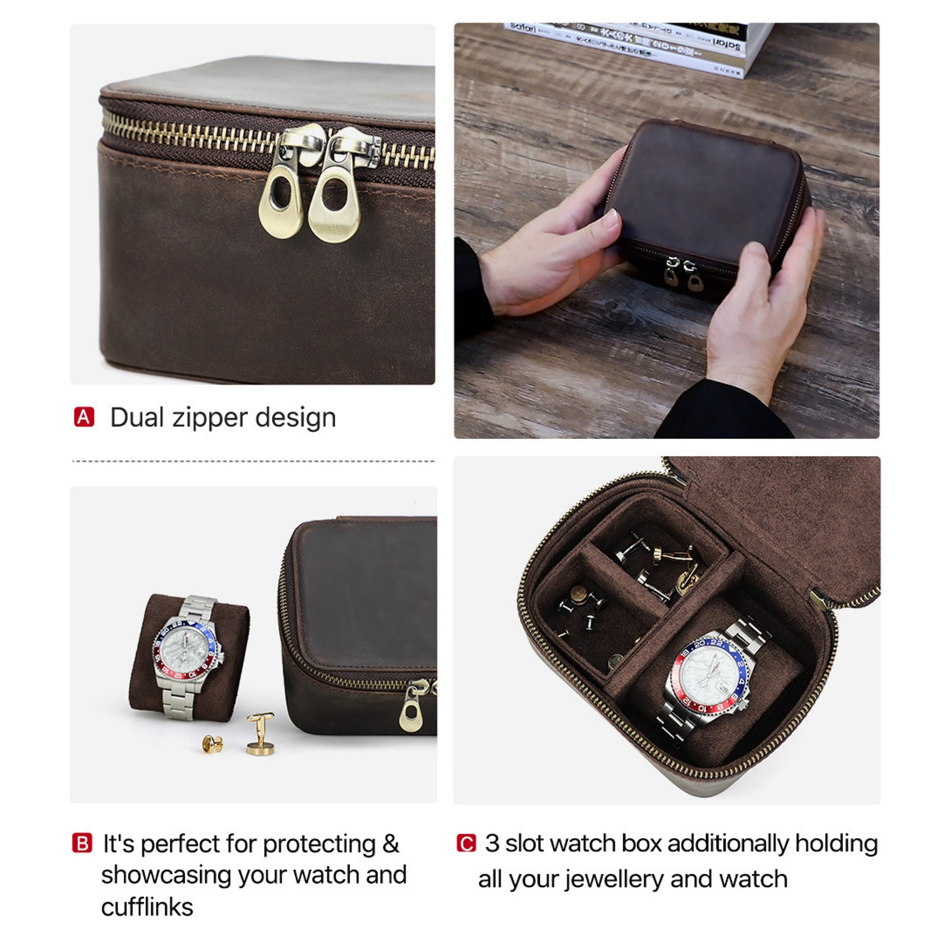 VCD-E premium handcrafted retro fashion dual teeth zipper cowhide leather 1-slot watch travel case highlights: dual teeth zipper design, perfect for protecting and showcasing watch and accessories, 3 slot watch case additionally holding all your accessories and watch.