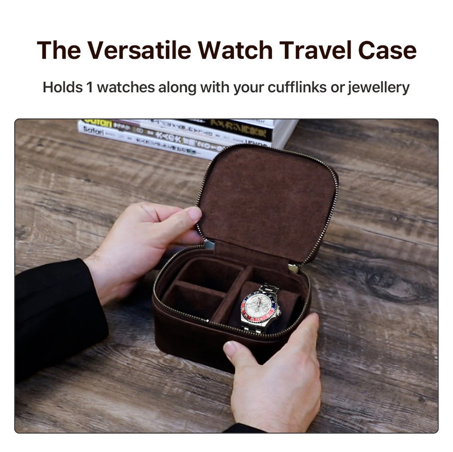 VCD-E premium handcrafted retro fashion dual teeth zipper cowhide leather 1-slot watch travel case holds 1 watch along with your accessories.