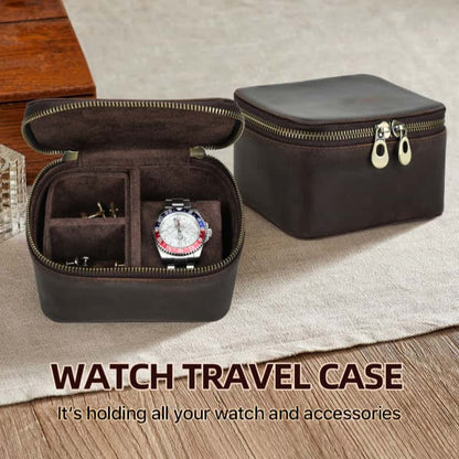 VCD-E premium handcrafted retro fashion dual teeth zipper cowhide leather 1-slot watch travel case with 2 accessory slots.