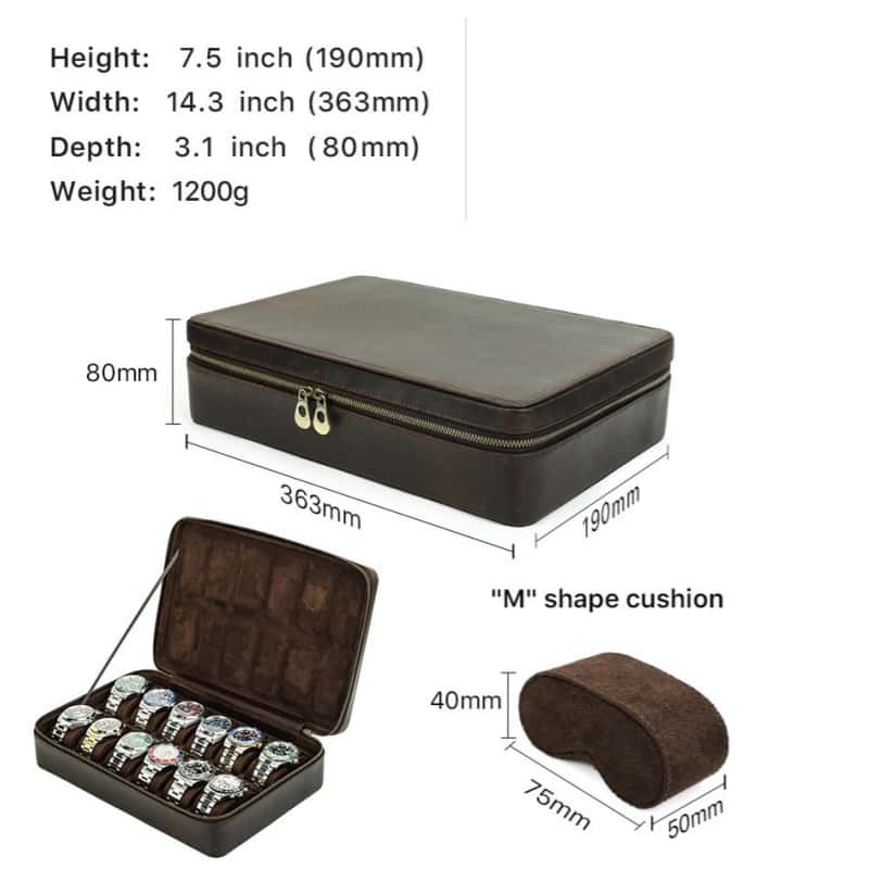 VCD-E premium handcrafted retro fashion dual teeth zipper 12-slot cowhide leather watch case dimensions: 14.5*7.5*3.2 inches.