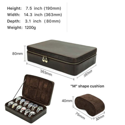 VCD-E premium handcrafted retro fashion dual teeth zipper 12-slot cowhide leather watch case dimensions: 14.5*7.5*3.2 inches.