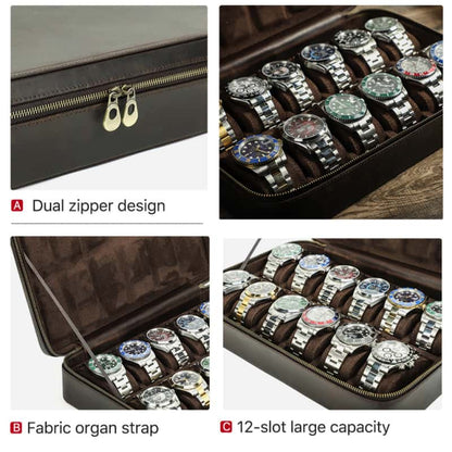 VCD-E premium handcrafted retro fashion dual teeth zipper 12-slot cowhide leather watch case highlights: dual teeth zipper, fabric organ strap, 12-slot large capacity.