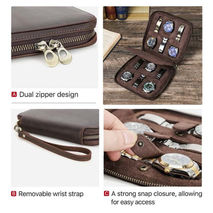 VCD-E premium handcrafted retro fashion dual teeth zipper 6-slot cowhide leather slim watch case highlights: dual teeth zipper closure design, removable leather wrist strap, strong snap buttons watch slot closure.