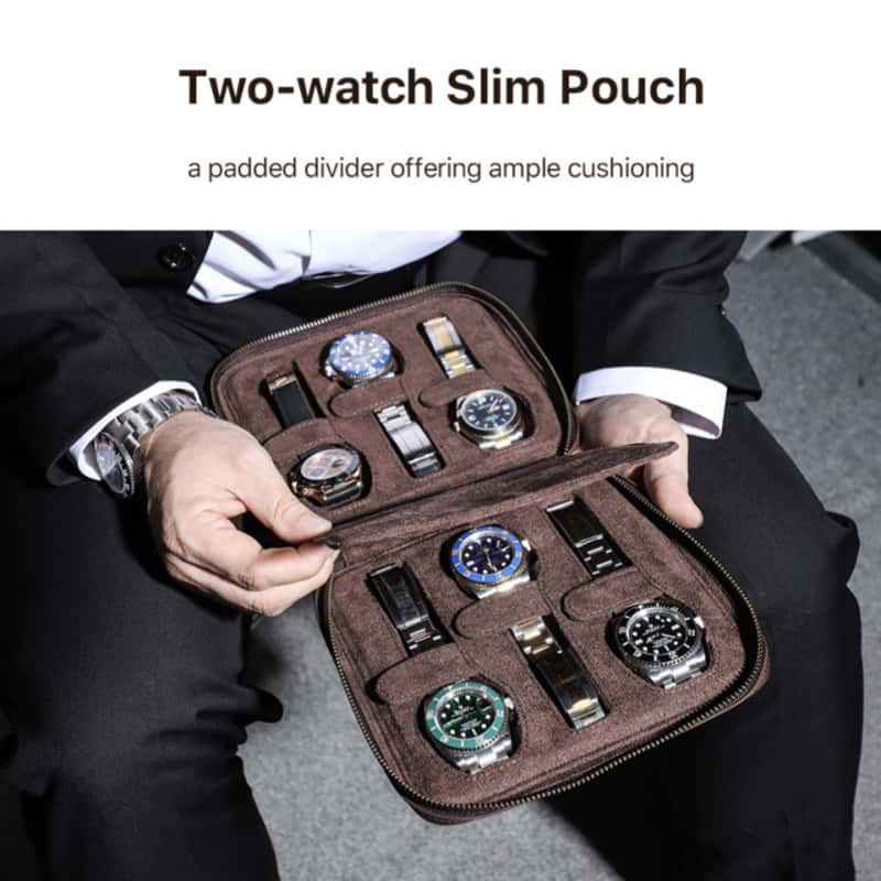 VCD-E premium handcrafted retro fashion dual teeth zipper 6-slot cowhide leather slim watch case ensure your watches stay in place.