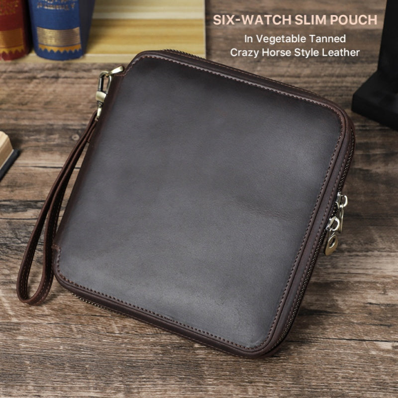 VCD-E premium handcrafted retro fashion dual teeth zipper 6-slot cowhide leather slim watch case is designed for the modern gentleman who appreciates both style and practicality.