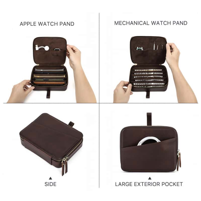 VCD-E premium handcrafted retro fashion dual teeth zipper cowhide leather apple watch band case external state display: dual teeth zipper closure design, suitable for apple watch band and mechanical watch band.