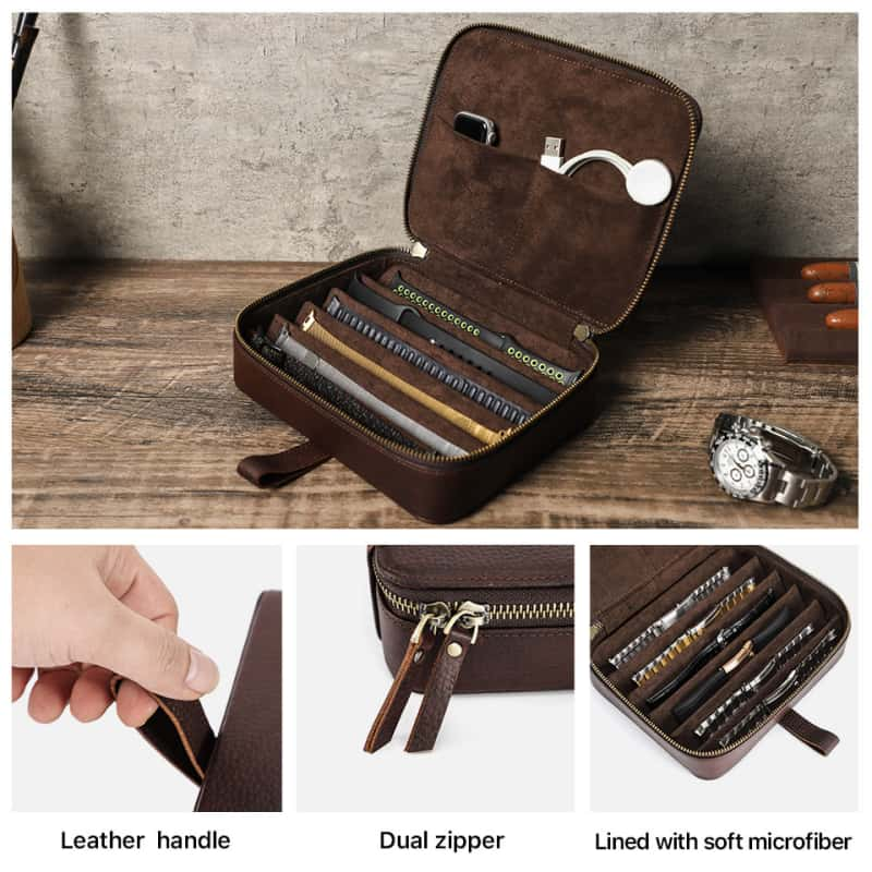 VCD-E premium handcrafted retro fashion dual teeth zipper cowhide leather apple watch band case highlights: leather handle, dual teeth zipper, lined with soft microfiber.