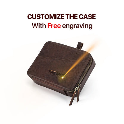 VCD-E premium handcrafted retro fashion dual teeth zipper cowhide leather apple watch band case provide free laser engraving service, adding a unique touch to your storage solution.