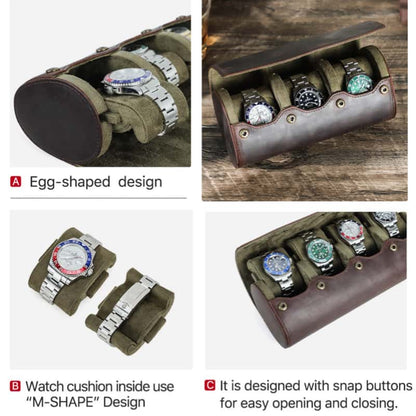 VCD-E premium handcrafted retro fashion egg-shaped 3-slot cowhide leather watch travel case highlights: egg-shaped design, removable m-shaped pillow slides design, hidden snap buttons closure design for easy opening and closing.