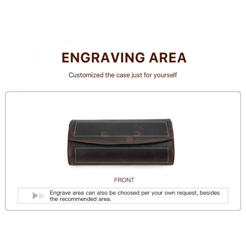 VCD-E premium handcrafted retro fashion egg-shaped 3-slot cowhide leather watch travel case provide free laser engraving service, adding a personal touch, making your case uniquely yours. Perfect for gifting or as a special addition to your own collection.