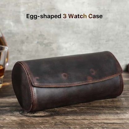 VCD-E premium handcrafted retro fashion egg-shaped 3-slot cowhide leather watch travel case is the best watch case for the discerning gentleman who values elegance, security, and practicality.