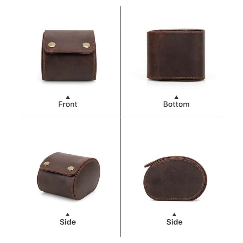 VCD-E premium handcrafted retro fashion egg-shaped snap buttons 1-slot  coffee color cowhide leather travel watch case closed state from all angles display, smooth and rounded appearance with natural, flowing lines.