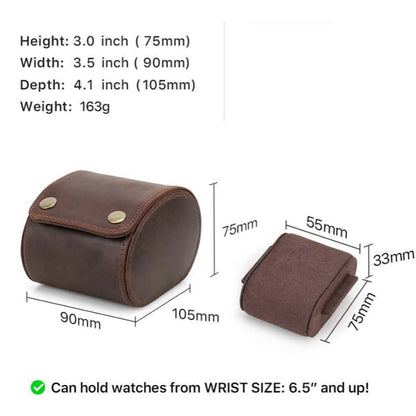 VCD-E premium handcrafted retro fashion egg-shaped snap buttons 1-slot cowhide leather travel watch case dimensions: 3.6*4.2*3 inches.