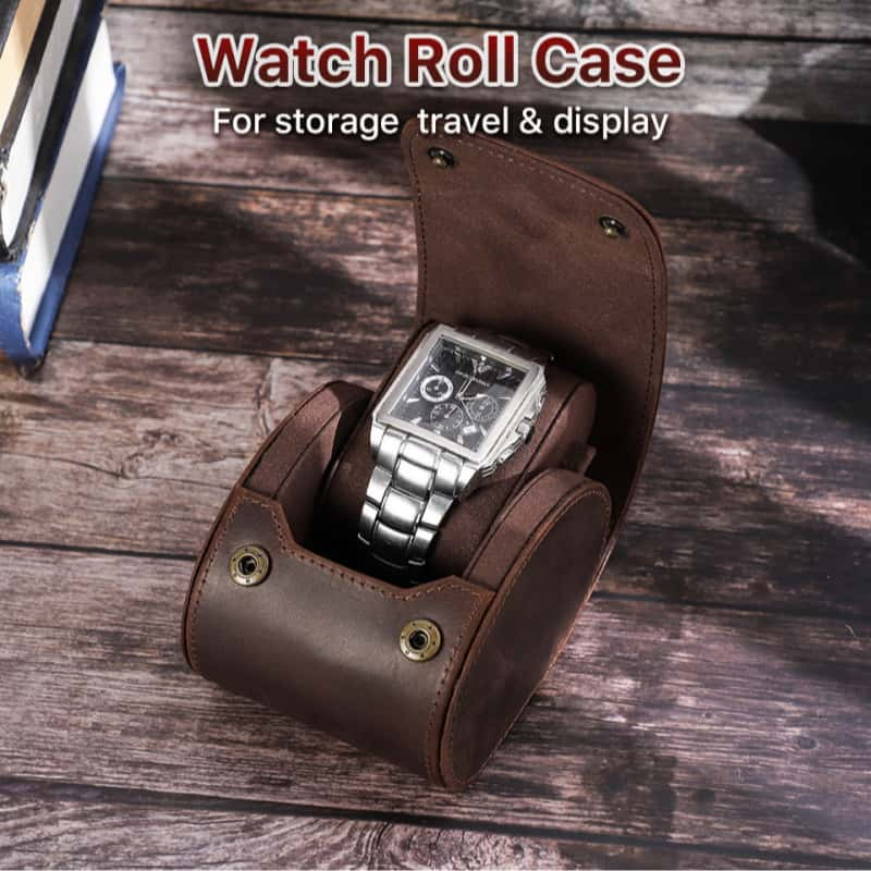 VCD-E premium handcrafted retro fashion egg-shaped snap buttons 1-slot 
cowhide leather travel watch case interior scratch resistant fabric protect watch glass from damage.