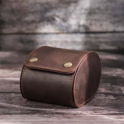 VCD-E premium handcrafted retro fashion egg-shaped snap buttons 1-slot cowhide leather travel watch case is portable and storage for small spaces.