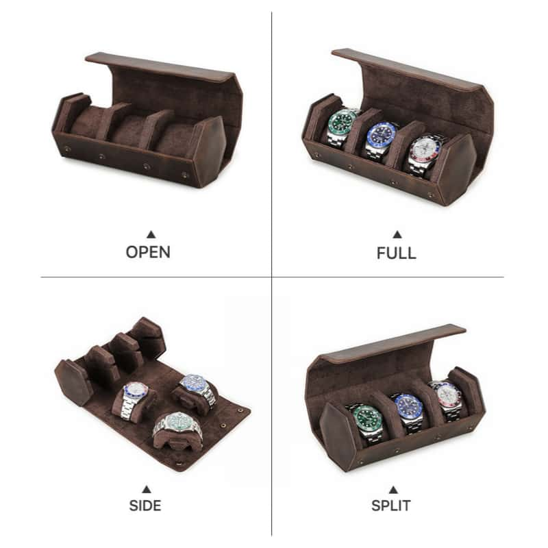 VCD-E premium handcrafted retro fashion flip-top 3-slot cowhide leather watch travel case expended state display: hidden snap buttons closure is a design detail that enhances the case’s sleek, minimalist look while ensuring that your watches stay safe inside.