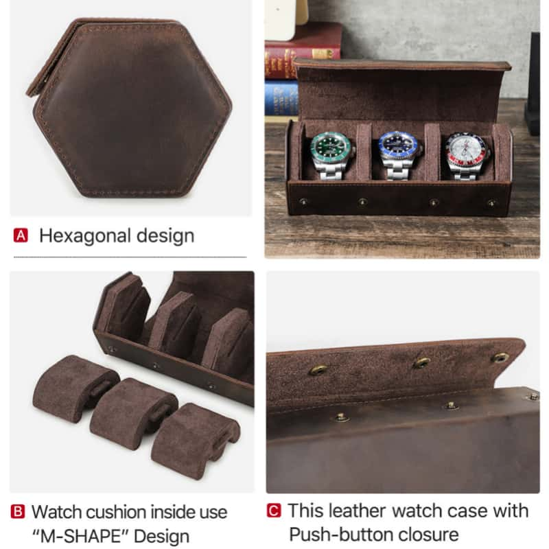 VCD-E premium handcrafted retro fashion flip-top 3-slot cowhide leather watch travel case highlights: hexagonal design, m-shaped pillow slides, hidden snap buttons closure.