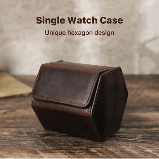 VCD-E premium handcrafted retro fashion hexagonal 1-slot cowhide leather watch travel case with unique design, natural and flowing lines.