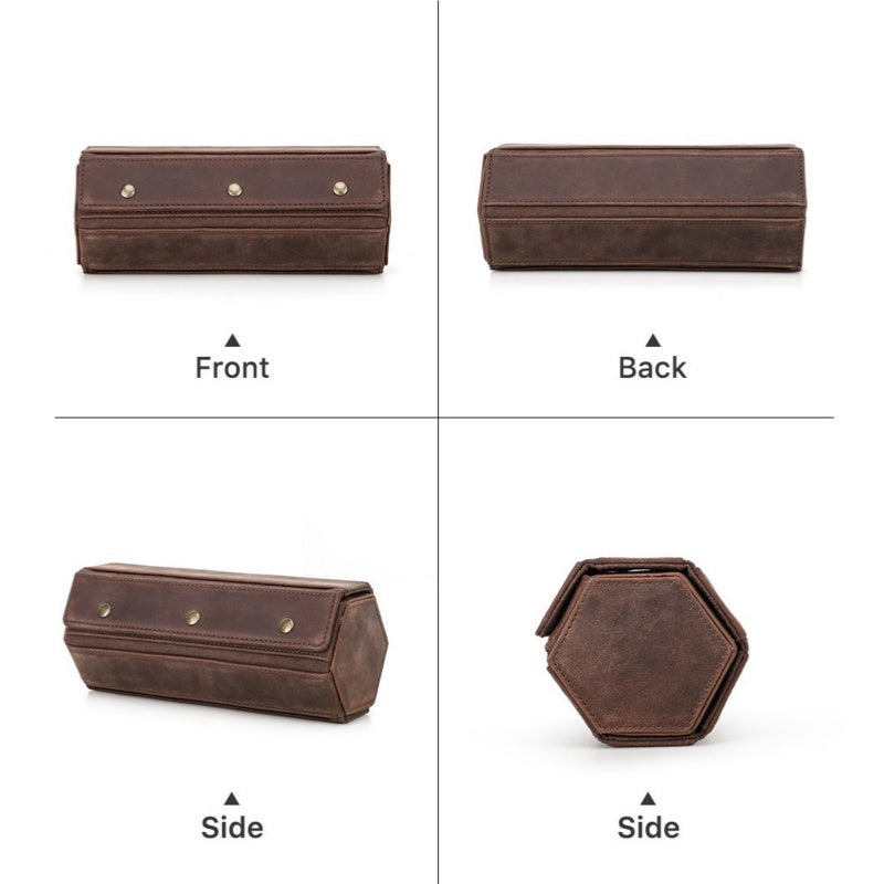 VCD-E premium handcrafted retro fashion hexagonal 3-slot cowhide leather watch travel case closed state from all angles display, its compact design allows you to store this watch travel case in tight spaces, such as your luggage or drawer, without the clutter.