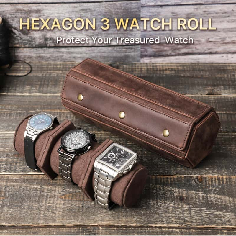 VCD-E premium handcrafted hexagonal 3-slot cowhide leather watch travel case combines retro fashion with modern functionality.