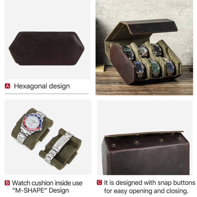 VCD-E premium handcrafted retro fashion hexagonal 6 slot cowhide leather watch case highlights: hexagonal design, removable m-shaped pillow slides design, hidden snap buttons closure design for easy opening and closing.