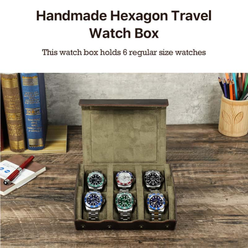 VCD-E premium handcrafted retro fashion hexagonal 6 slot cowhide leather watch case interior scratch resistant fabric gently cradles your watches, safeguarding their glass and surfaces from scratches.