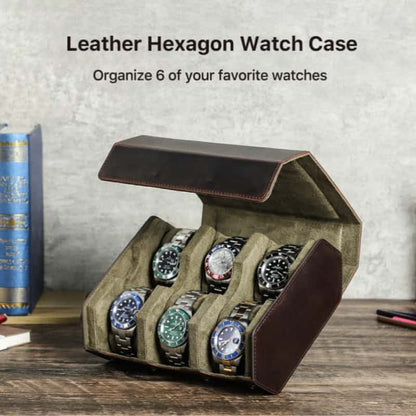 VCD-E premium handcrafted hexagonal 6 slot cowhide leather watch case brings retro fashion and modern functionality together.