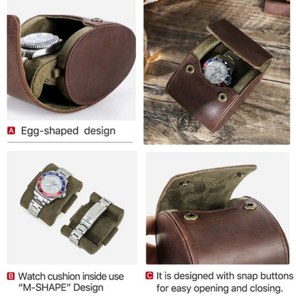 VCD-E premium handcrafted retro fashion hidden snap buttons 1-slot cowhide leather travel watch roll highlights: egg-shaped design, m-shaped watch pillow slides, hidden snap buttons closure for easy opening and closing.