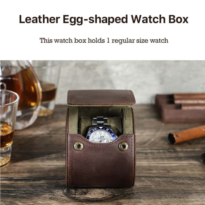 VCD-E premium handcrafted retro fashion hidden snap buttons 1-slot cowhide leather travel watch roll holds 1 reguar size watch.