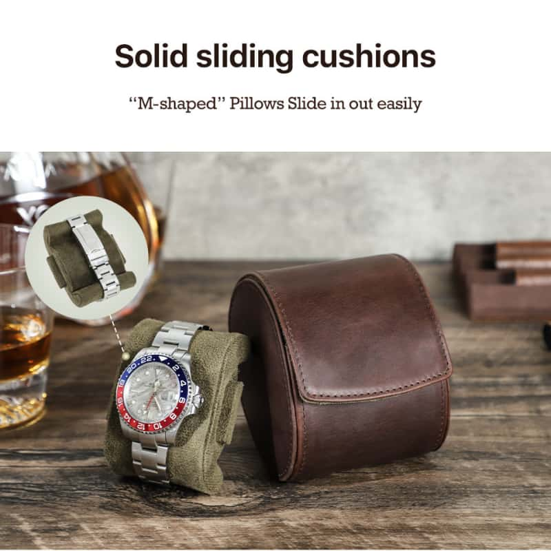 VCD-E premium handcrafted retro fashion hidden snap buttons 1-slot cowhide leather travel watch roll pillow slides is removable, providing a customizable fit to hold your watch securely in place.