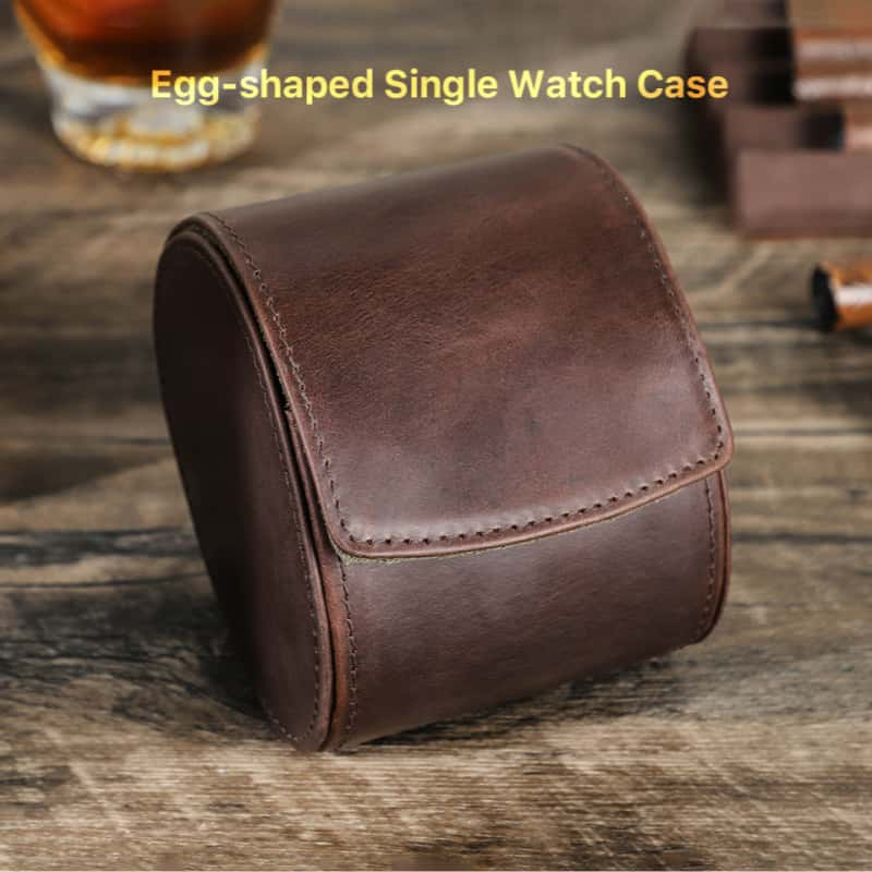 VCD-E premium handcrafted retro fashion hidden snap buttons 1-slot cowhide leather travel watch roll is egg-shaped design, makes it as stylish as it is functional.